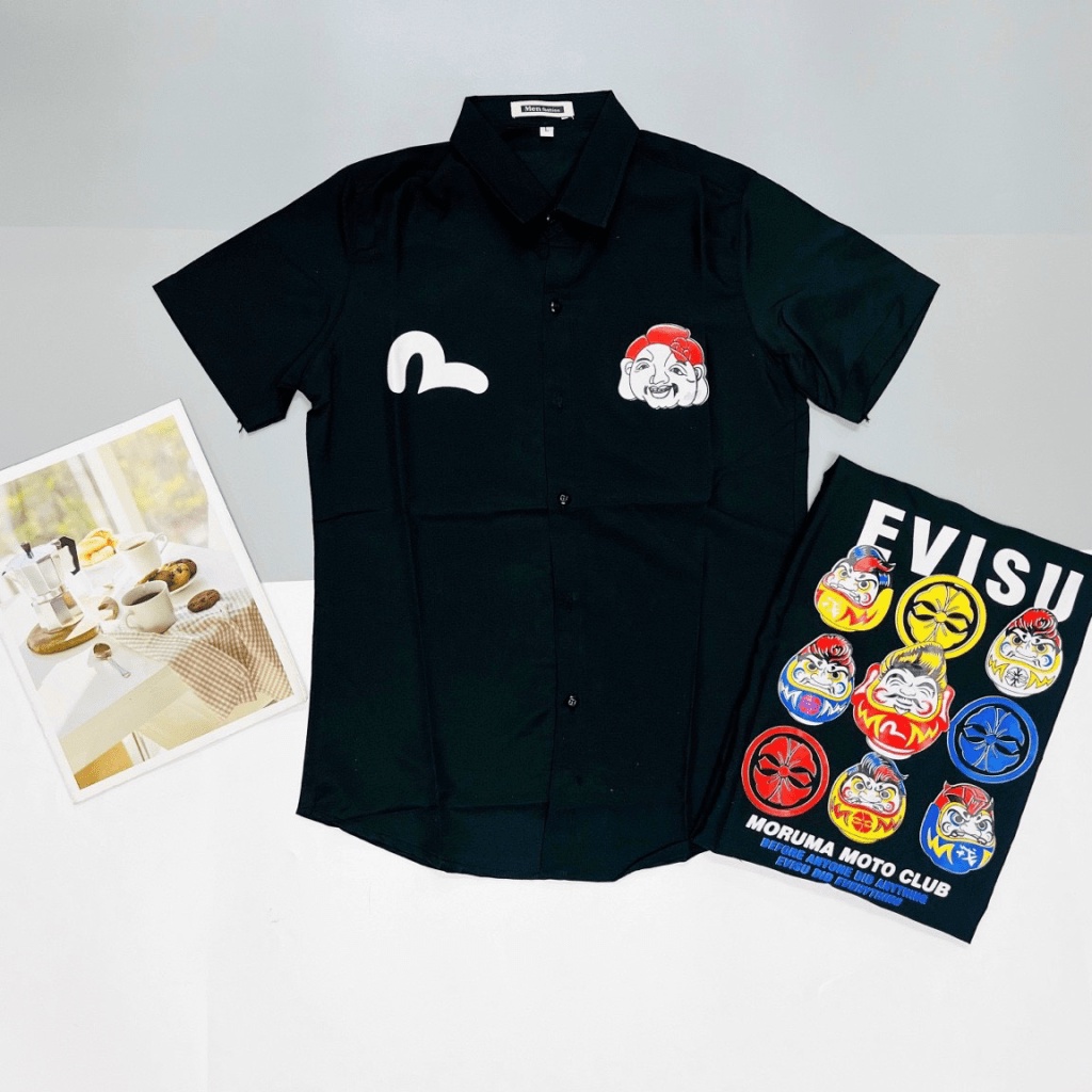 Áo Sơ Mi Nam Ngắn Tay Cổ Bẻ Vải Kate Lụa Phối Hình 2 Màu Trắng Đen Trẻ Trung NEW UNISEX