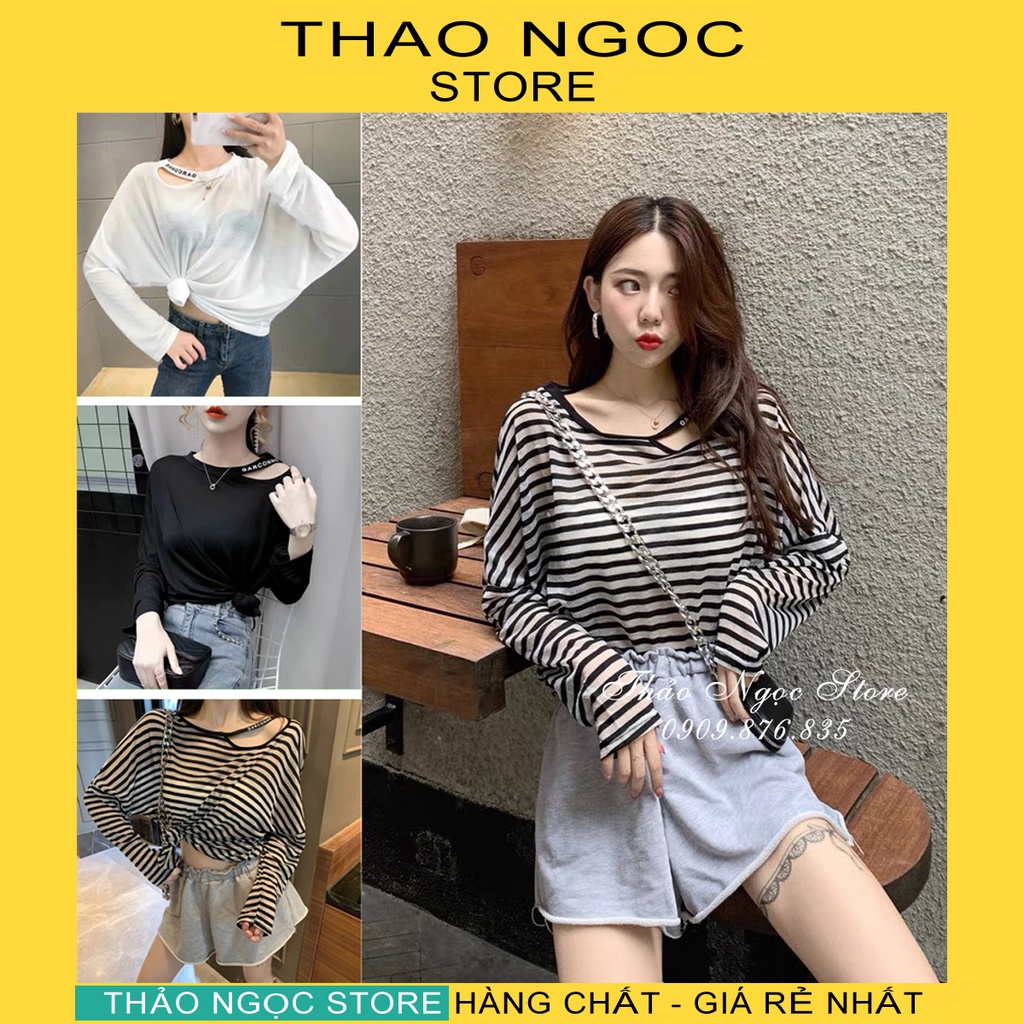 Áo thun giấy khoét vai, áo thun form rộng tay dài hàng QC! (hàng có sẵn)
