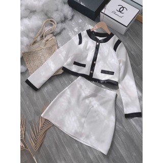 SET ÁO DẠ TRẮNG VIỀN ĐEN + CHÂN VÁY