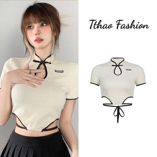 Áo Kiểu Croptop Trung Hoa Sườn Xám Cổ Đứng Phối Dây Buộc Eo