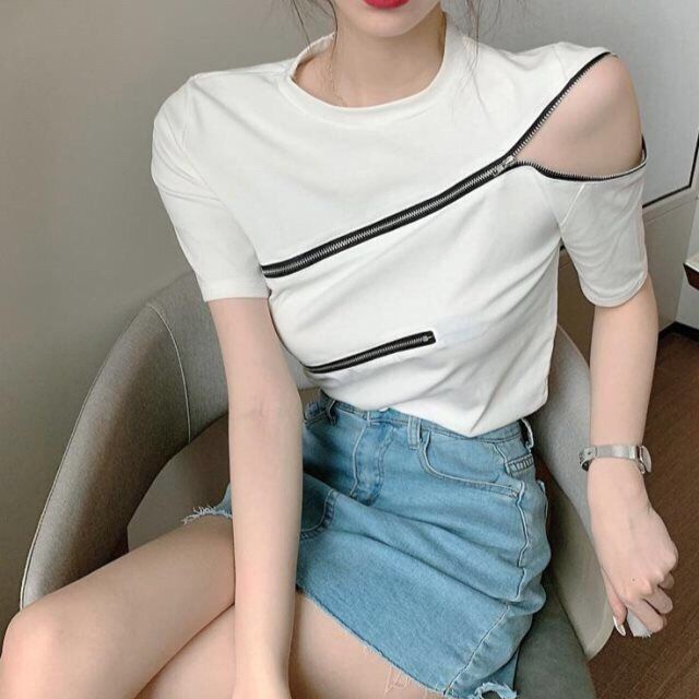 Áo Kiểu Trễ Vai Tay Ngắn Phối Khoá Kéo Thời Trang Mùa Hè Cho Phái Nữ