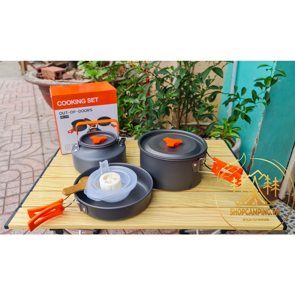 Bộ nồi dã ngoại HK-310 dành 2-3 người kèm hợp ấm trà 1L (kèm phụ kiện)