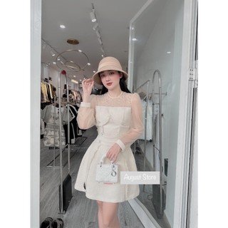 Váy dạ trắng đính đá ngực tay dài tiểu thư