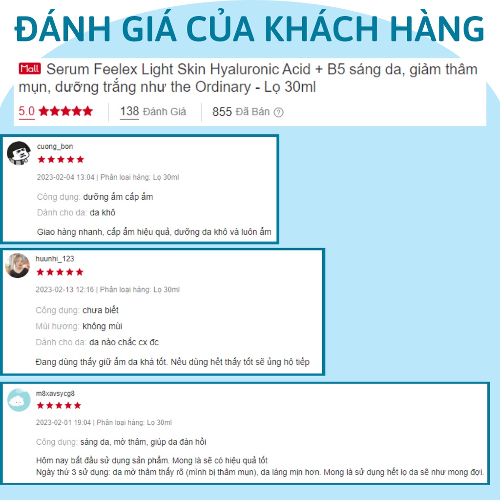 Serum Feelex Light Skin Hyaluronic Acid + B5 dưỡng trắng, sáng da, giảm thâm mụn như the Ordinary - Lọ 30ml