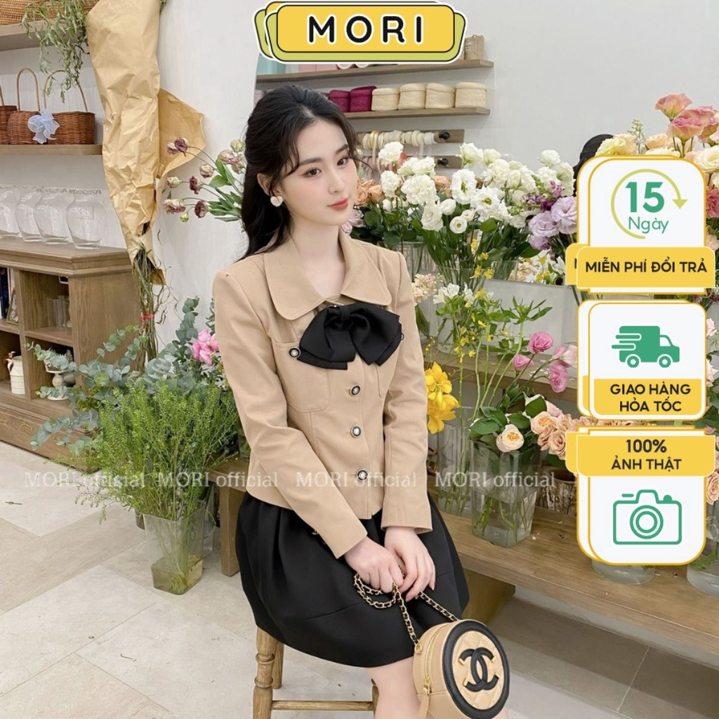 Áo khoác kaki nữ áo crotop cổ nơ phối cúc ngọc sang chảnh thu đông thời trang thiết kế MORI CLOTHING VEST 801