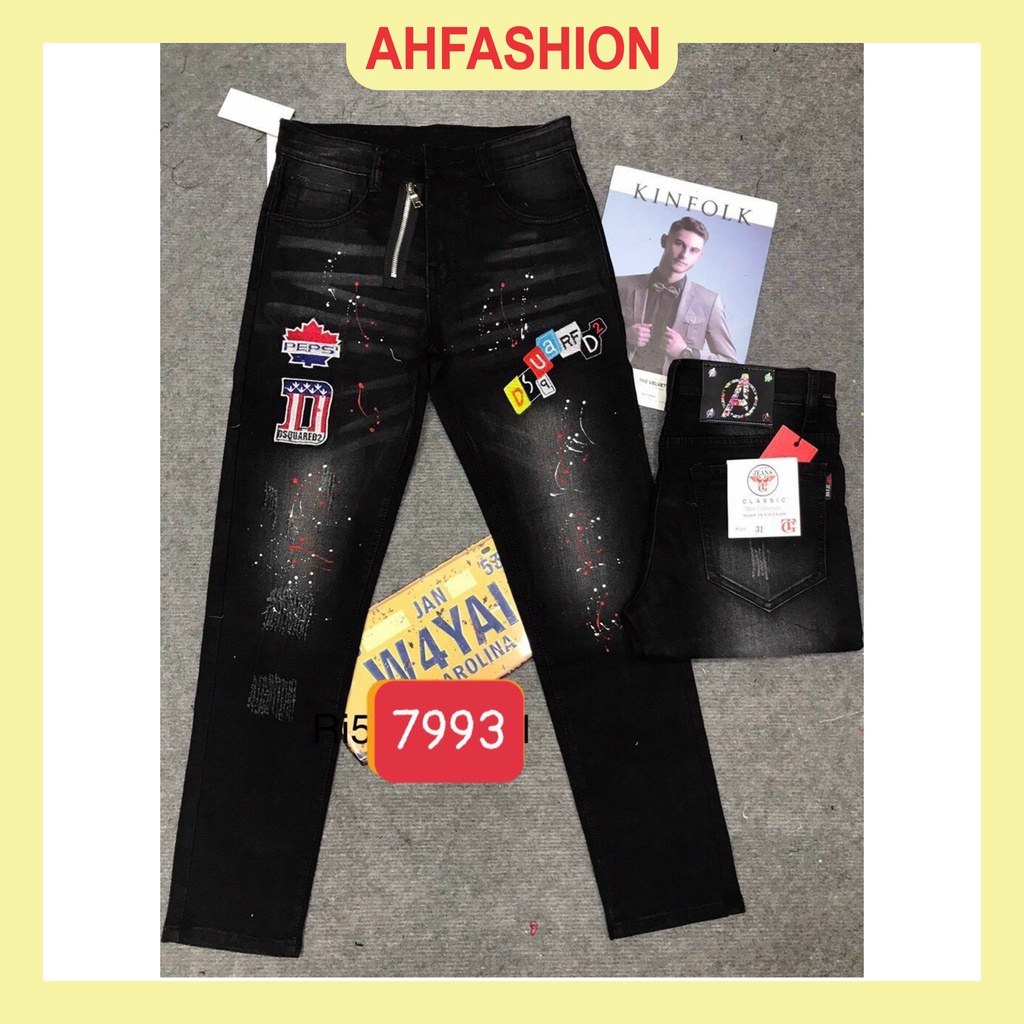 Quần jean nam đen CAO CẤP rách gối chất bò thêu logo co giãn mẫu mới AHFASHION