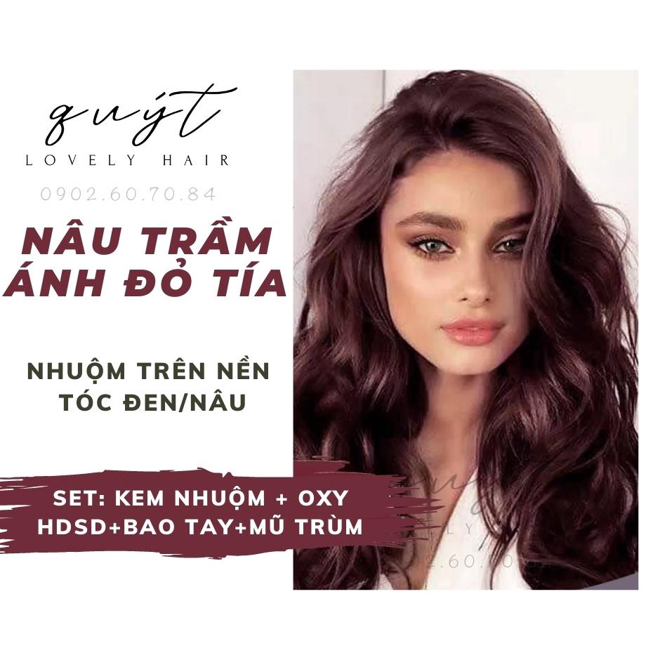 Kem Nhuộm Tóc Màu Nâu Trầm Ánh Đỏ Tía Nhuộm Trên Nền Đen/Nâu -tặng oxy