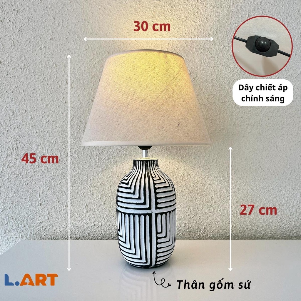 Đèn bàn phòng khách LART DBG021 thân trắng viền họa tiết đen sang trọng cho phòng ngủ phòng dưới 20m2
