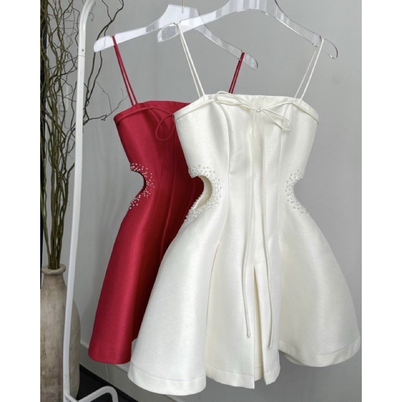 Đầm 2 dây tapta khoét eo đính đá siêu nữ tính, tùng xếp ly tôn dáng