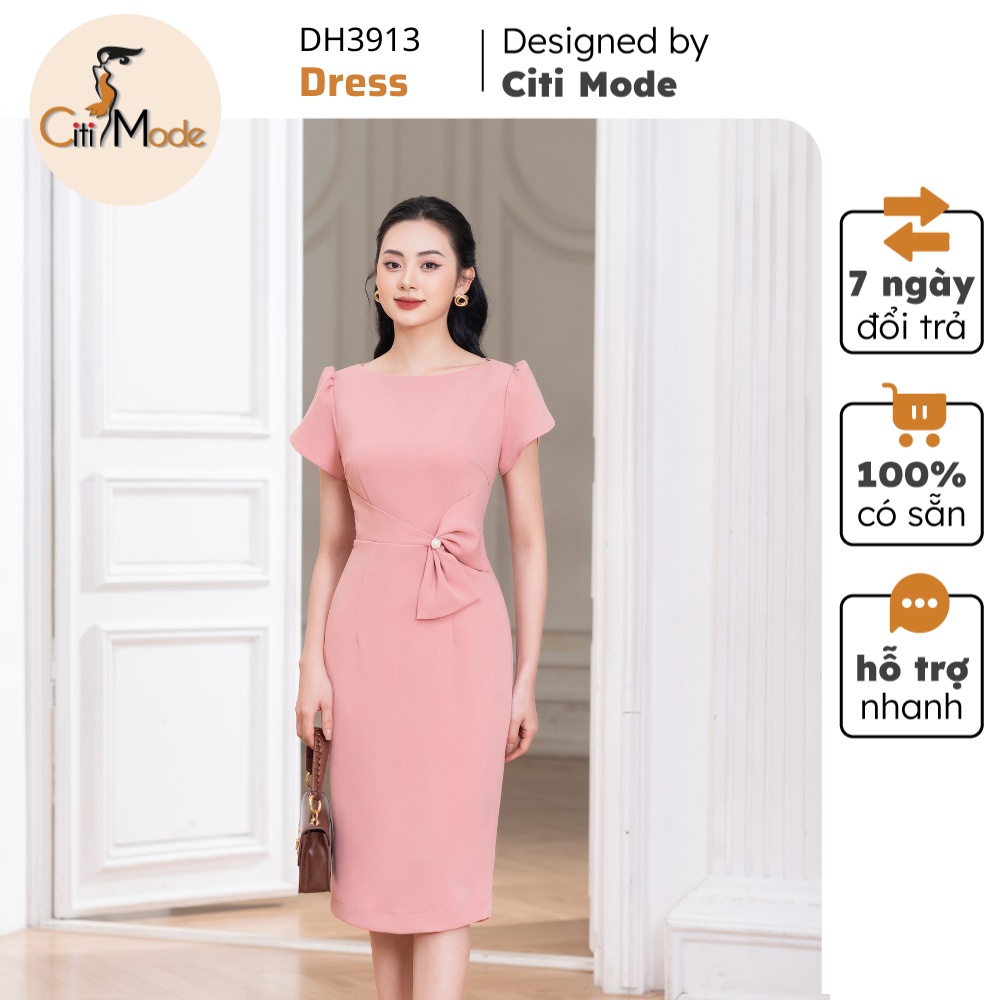 Đầm công sở CITI MODE FASHION thiết kế dáng ôm hồng phối nơ eo cách điệu DH3913