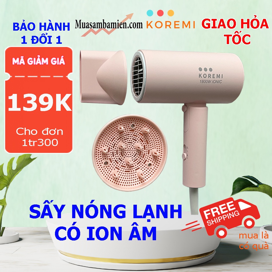 Máy sấy tóc nóng lạnh sấy ion làm mượt tóc giá rẻ, chính hãng koremi có loa sấy tóc xoăn công suất 1800W, gập gọn nhẹ