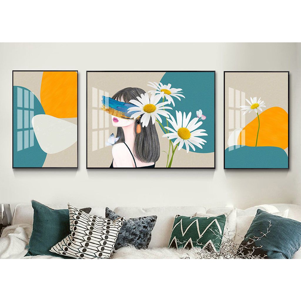 Khổ lớn 160 - 60 cm Bộ 3 Tranh Treo Tường Canvas CAO CẤP Hoa Cúc Hoa Hướng Dương Cô Gái Nghệ Thuật Kiểu Mới -Melyhome