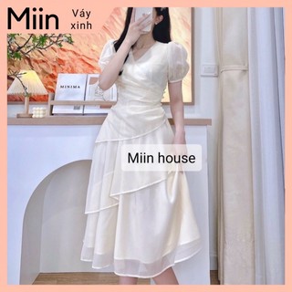 Váy cổ đắp chéo vạt nhún đính ngọc eo