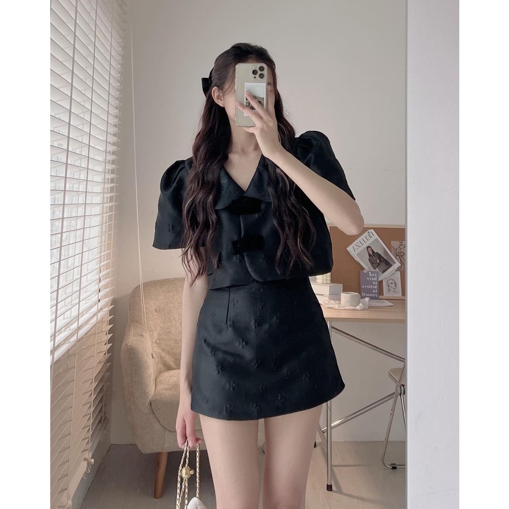 [SẴN/VIDEO] SET GẤM HOA NỔI NƠ NGỰC ĐEN CỘC TAY 2 LỚP HÀNG ĐẸP LOẠI 1