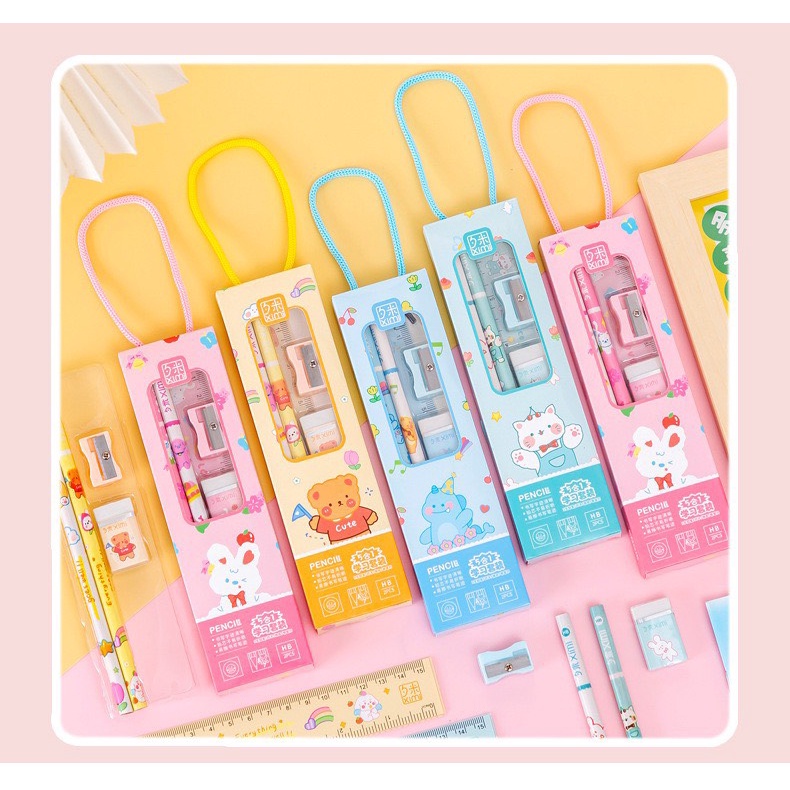 Quà tặng Bộ dụng cụ học tập 5 món gồm bút chì + tẩy + thước + đồ chuốt cho bé quà tặng học sinh dễ thương