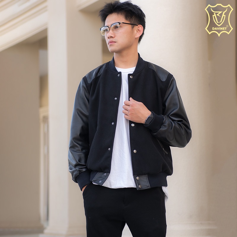 Áo Khoác Varsity Da Xịn DAVINET Am22-04, Da Xịn, Siêu Bền, Mềm Nhẹ, Bảo Hành 5 Năm