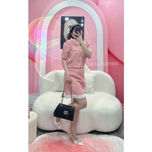 Sét dạ ngắn chân váy chữ A  màu hồng ngọt ngào dễ thương đi chơi