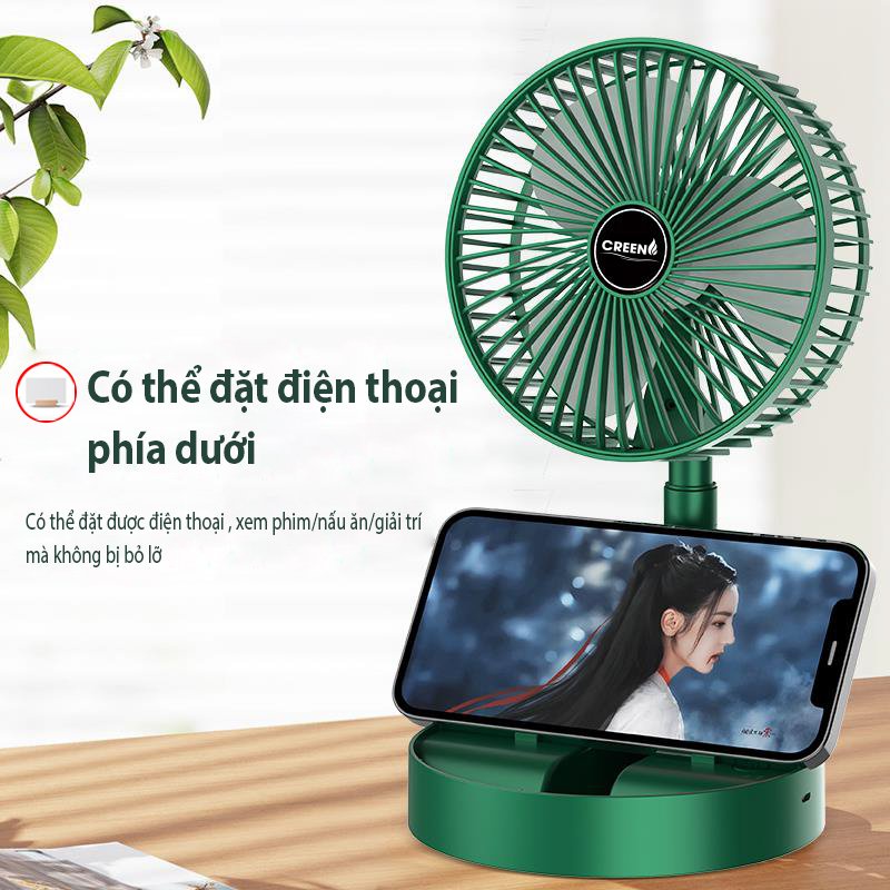 Quạt Tích Điện Mini Gấp Gọn, Quạt Để Bàn 3 Chế Độ Gió Cao Cấp CREEN