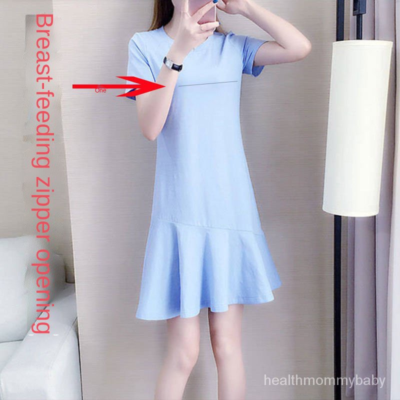 Áo Cho Con Bú Cộc Tay Ra Ngoài Thời Trang Màu Sắc Tinh Khiết Dài Đuôi Cá Mặc Bên TrongTÁo Sơ Mi Đầm Áo Cho Con Bú Sau Si