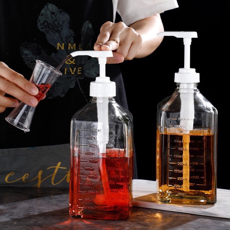 Bình bơm đường, siro chai thuỷ tinh có vòi Pump 1100ml - Đồ pha chế