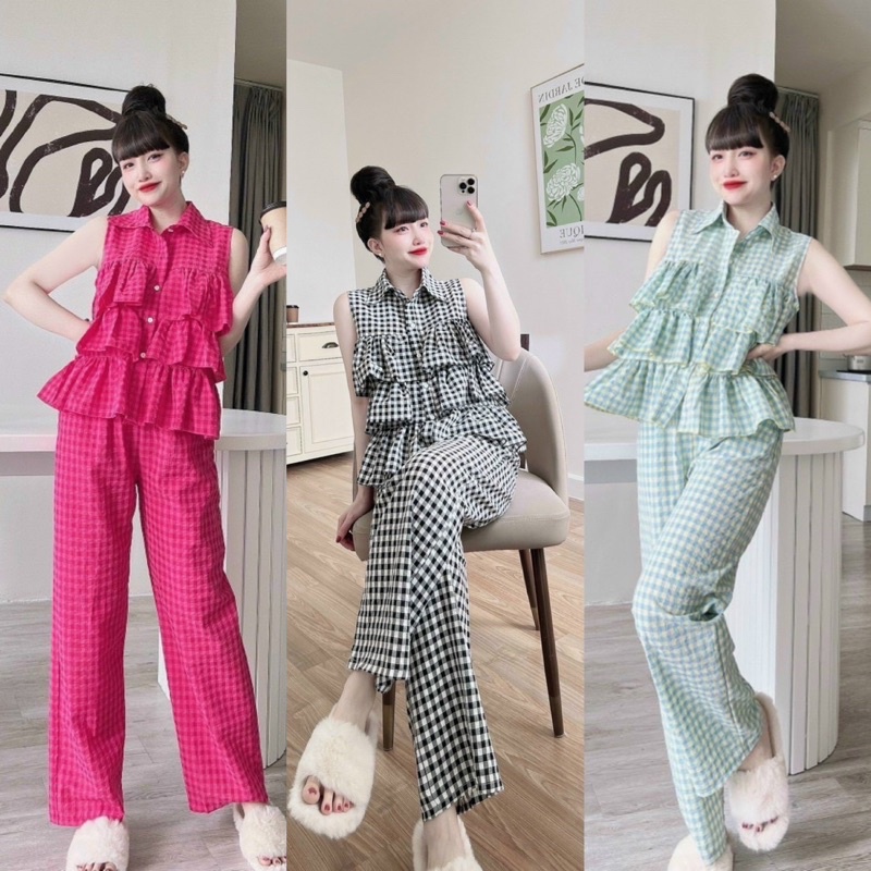 Set Bộ Sọc Caro Dài Áo Sơ Mi Đũi Sát Nách Tầng Babidoll Kèm Short