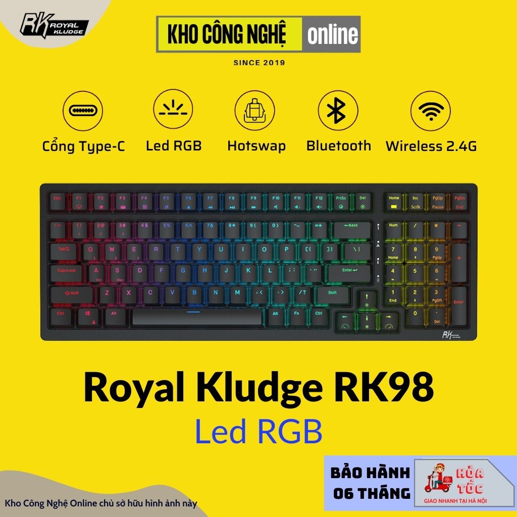 Bàn phím cơ không dây Royal Kludge RK98 Hotswap led RGB, kết nối 3 chế độ (Bluetooth 5.0 | Wireless 2.4G | Dây type C)