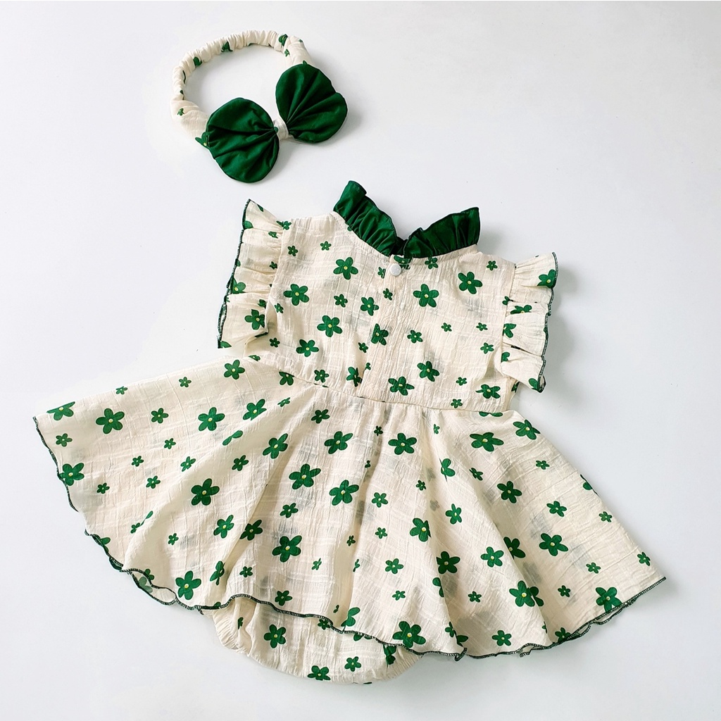Body váy hoa nhí xanh cho bé gái sơ sinh tặng kèm turban nơ đi chơi, đi tiệc  - Riokids BD98