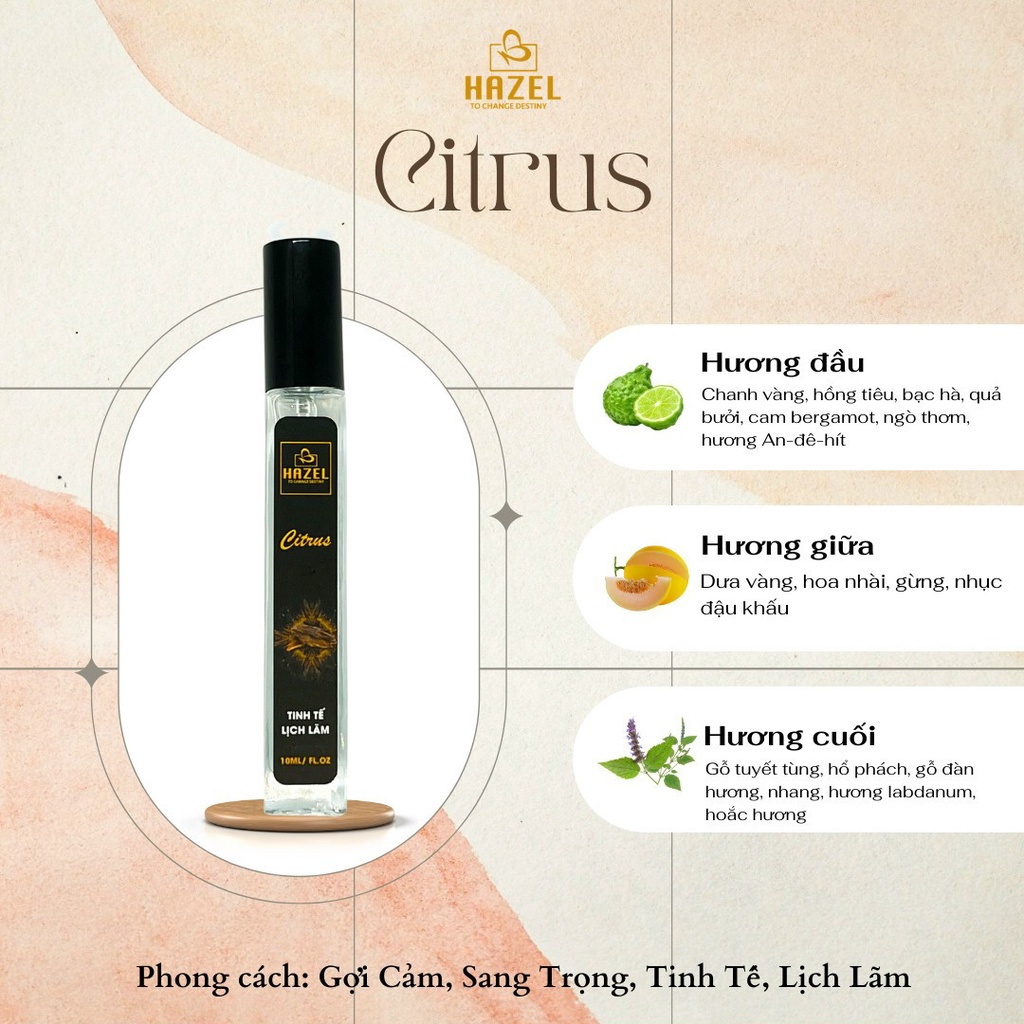 NƯỚC HOA HƯƠNG CITRUS Gợi Cảm - Sang Trọng - Tinh Tế - Lịch Lãm HAZEL MEN 10ML