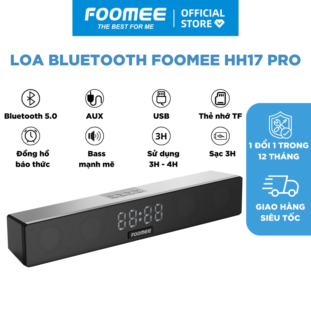 Loa Bluetooth FOOMEE HH17 Pro - Kết Hợp Đồng Hồ Báo Thức, Thẻ Nhớ, Đèn Led-Pin 1200 mAh- Bảo Hành 1 đổi 1 trong12 tháng