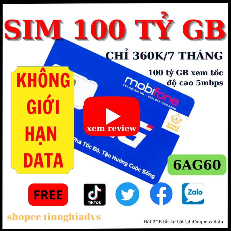 [Sim chính hãng] Sim 4G Mobifone AG60 10 tỷ gb không giới hạn dung lượng - gia hạn 60k/ tháng