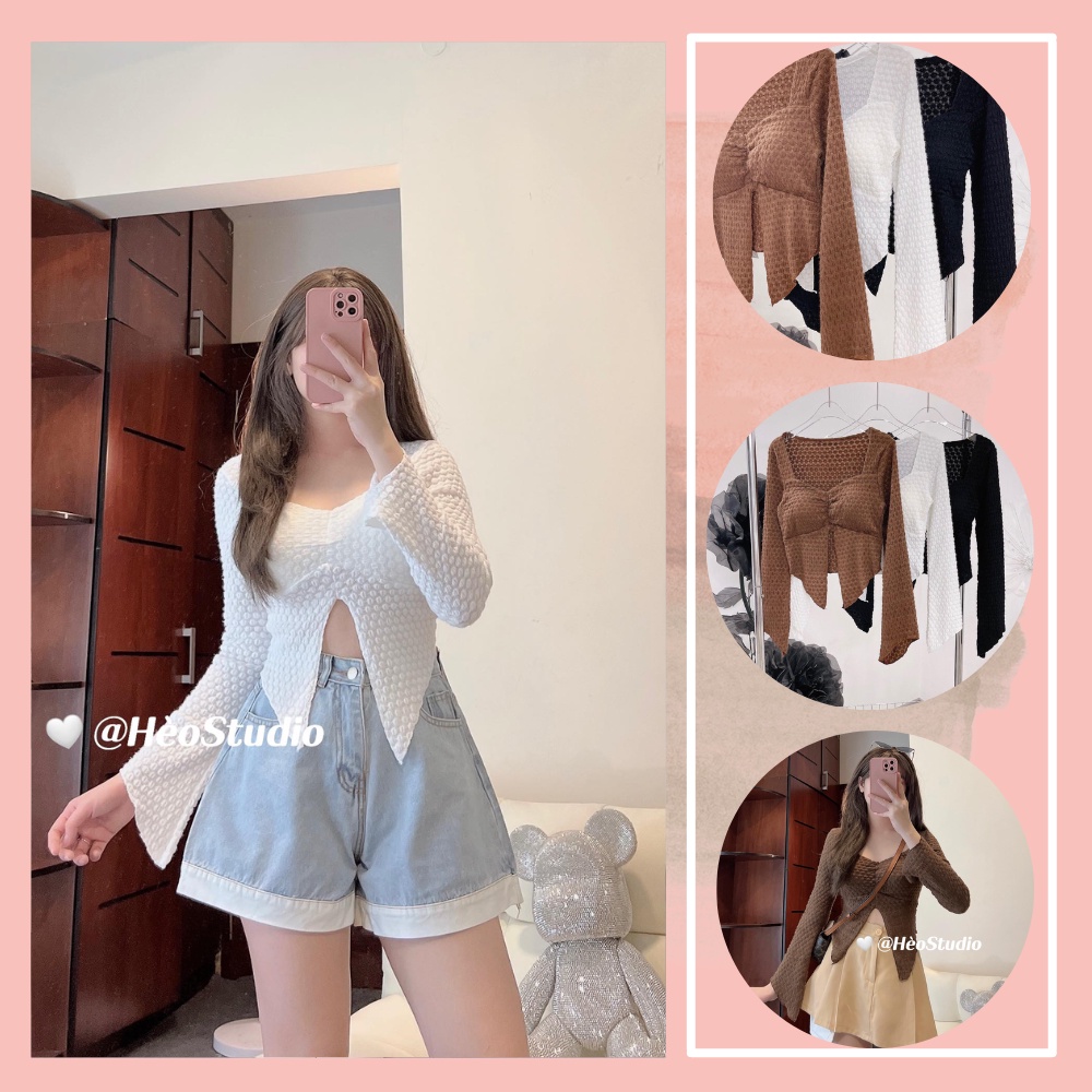 (Ảnh thật ) Áo Len Ren Tay Dài Xẻ Tà Hèo Studio