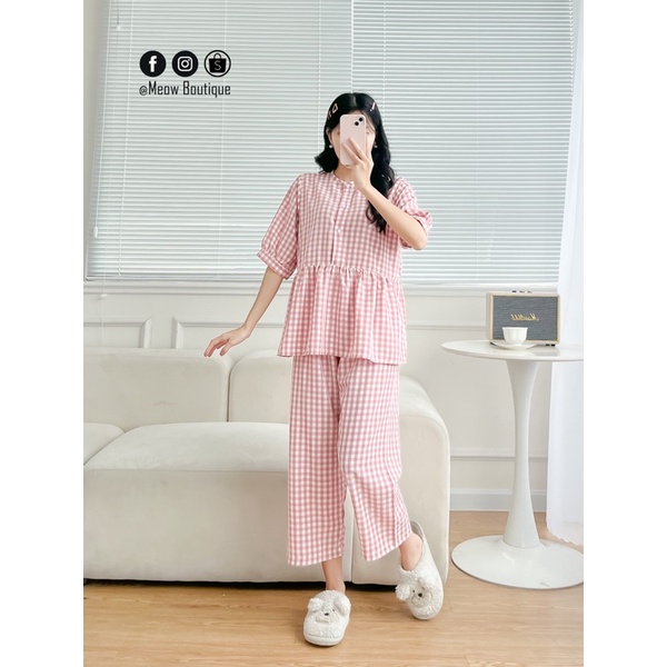 Set đồ bộ đồ ngủ babydoll lửng mặc nhà 40-70kg chất lụa cực mát Meow Boutique