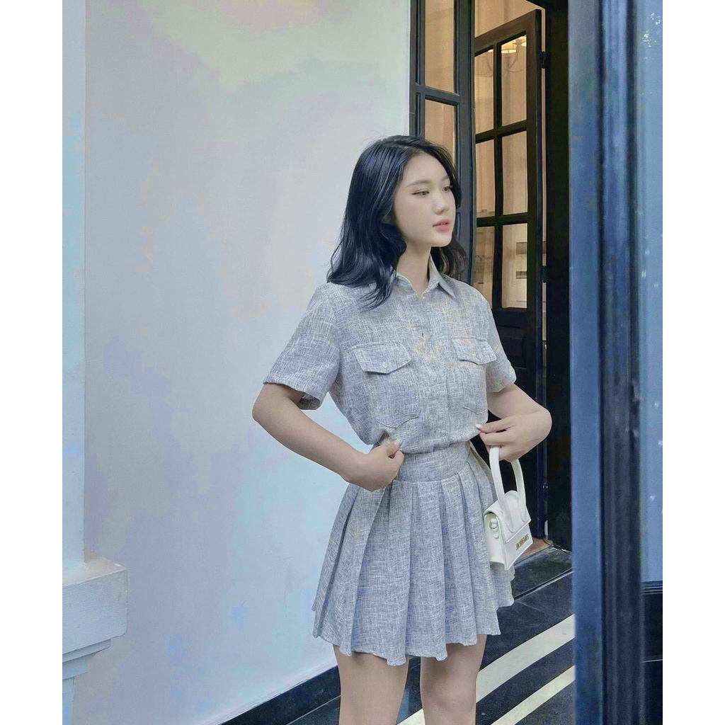 Set áo sơ mi mix chân váy xòe xêp li đơn giản