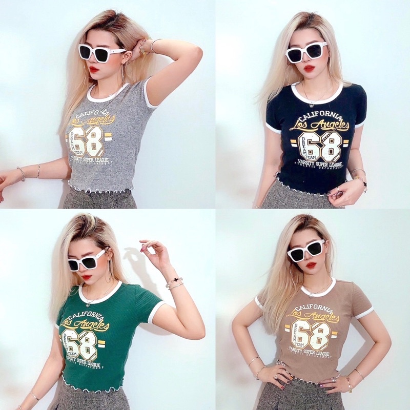 Áo croptop ôm thun bo len viền trắng in 68, có 4 màu