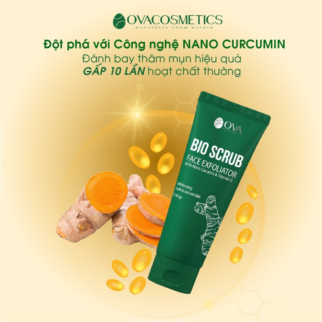 Gel tẩy da chết OVA Bio Scrub, giảm mụn, làm đẹp da, chiết xuất nghệ hộp 100gr