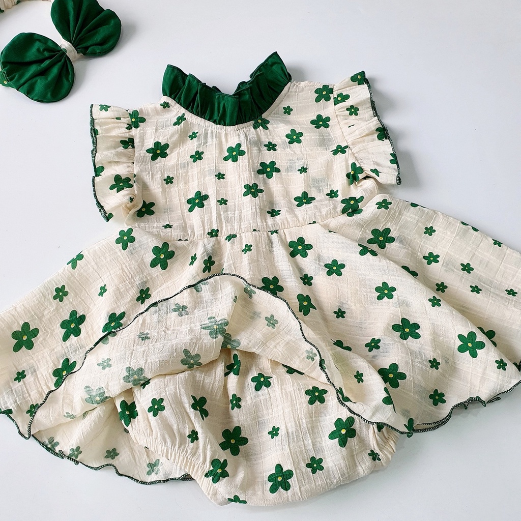 Body váy hoa nhí xanh cho bé gái sơ sinh tặng kèm turban nơ đi chơi, đi tiệc  - Riokids BD98