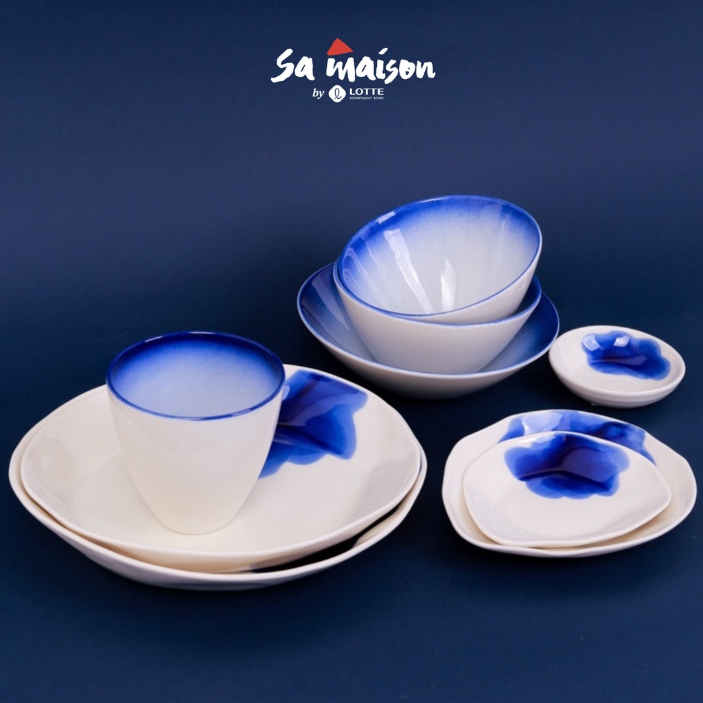  Bộ bát đĩa gốm tráng men cao cấp Sa Maison, họa tiết trắng hoa xanh, kích thước đa dạng