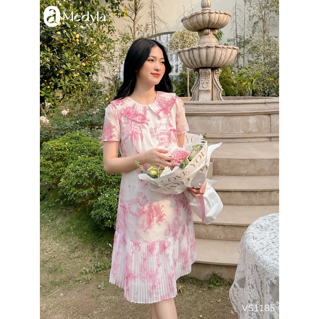 MEDYLA - Váy bầu mùa hè tơ hoa dập ly cổ thiết kế sang trọng cho bầu đi chơi, đi tiệc - VS1185