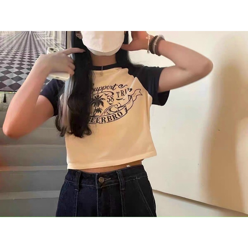 Áo Thun croptop phối tay màu raplang siêu xinh