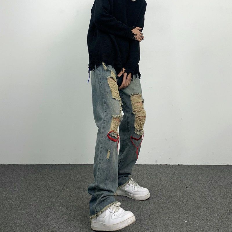 Quần jean rách phù hợp với màu thêu hợp thời trang với eo cao và giảm béo