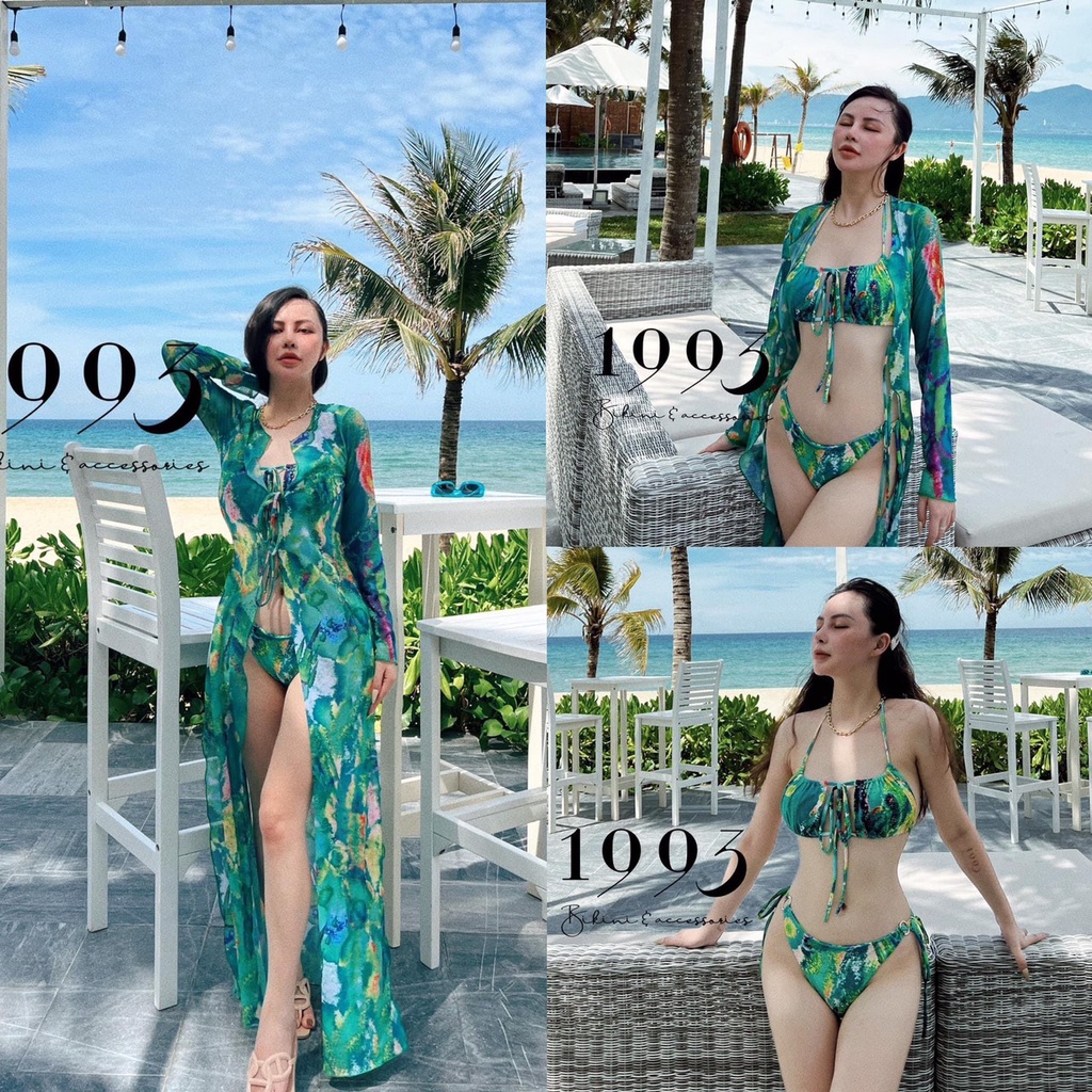 ĐỒ BƠI ĐI BIỂN, SÉT 3 MÓN  BIKINI ÁO TAY DÀI LƯỚI QUẦN CHIP VÁY RÚT HÔNG  XANH MẪU MỚI