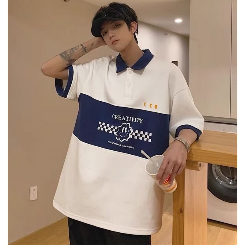 Áo Thun Polo Unisex ICON Dễ Thương Mix Màu Trắng/Xanh Form Rộng - CLITUS