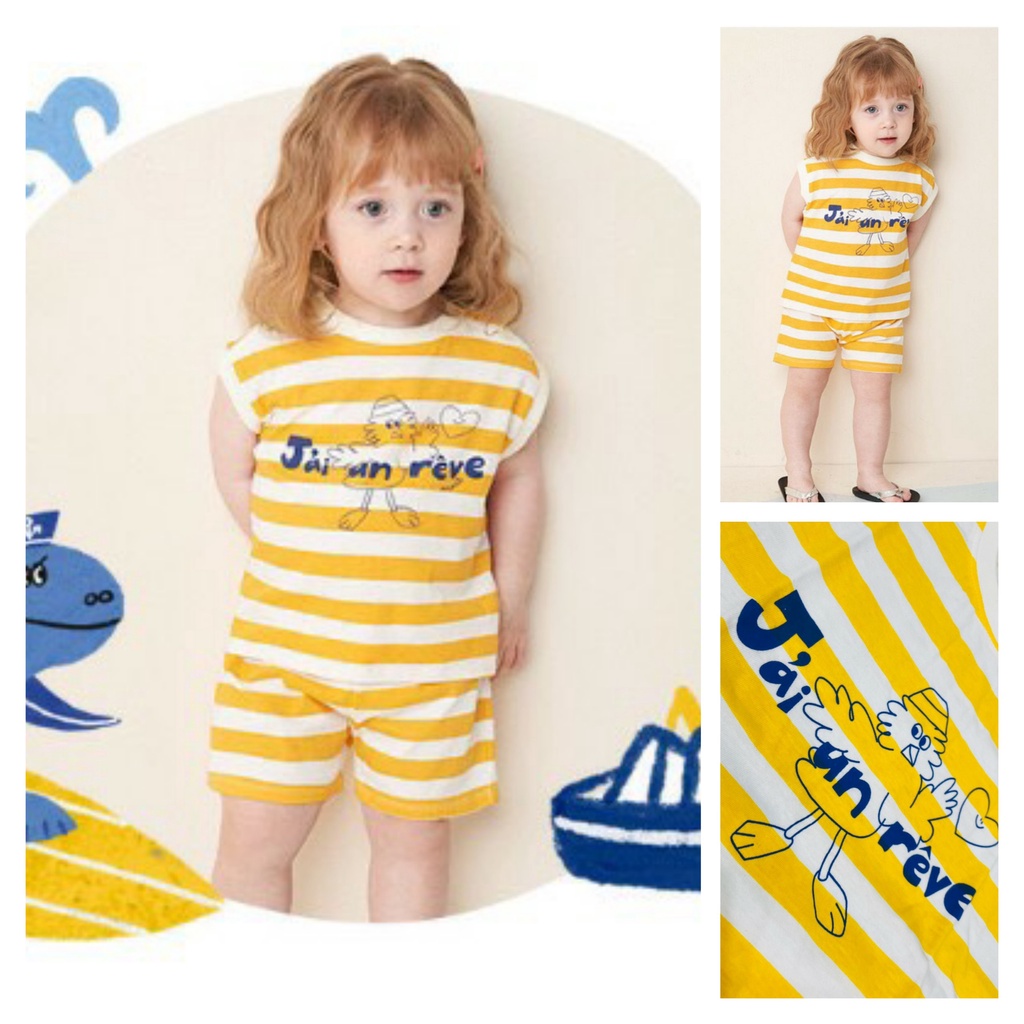 Bộ xuân hè bé gái Petit Miex xuất Hàn. Chất cotton mềm mai, thấm hút mồ hôi, màu kẻ vàng sáng da, cưng lắm. Size 100-130