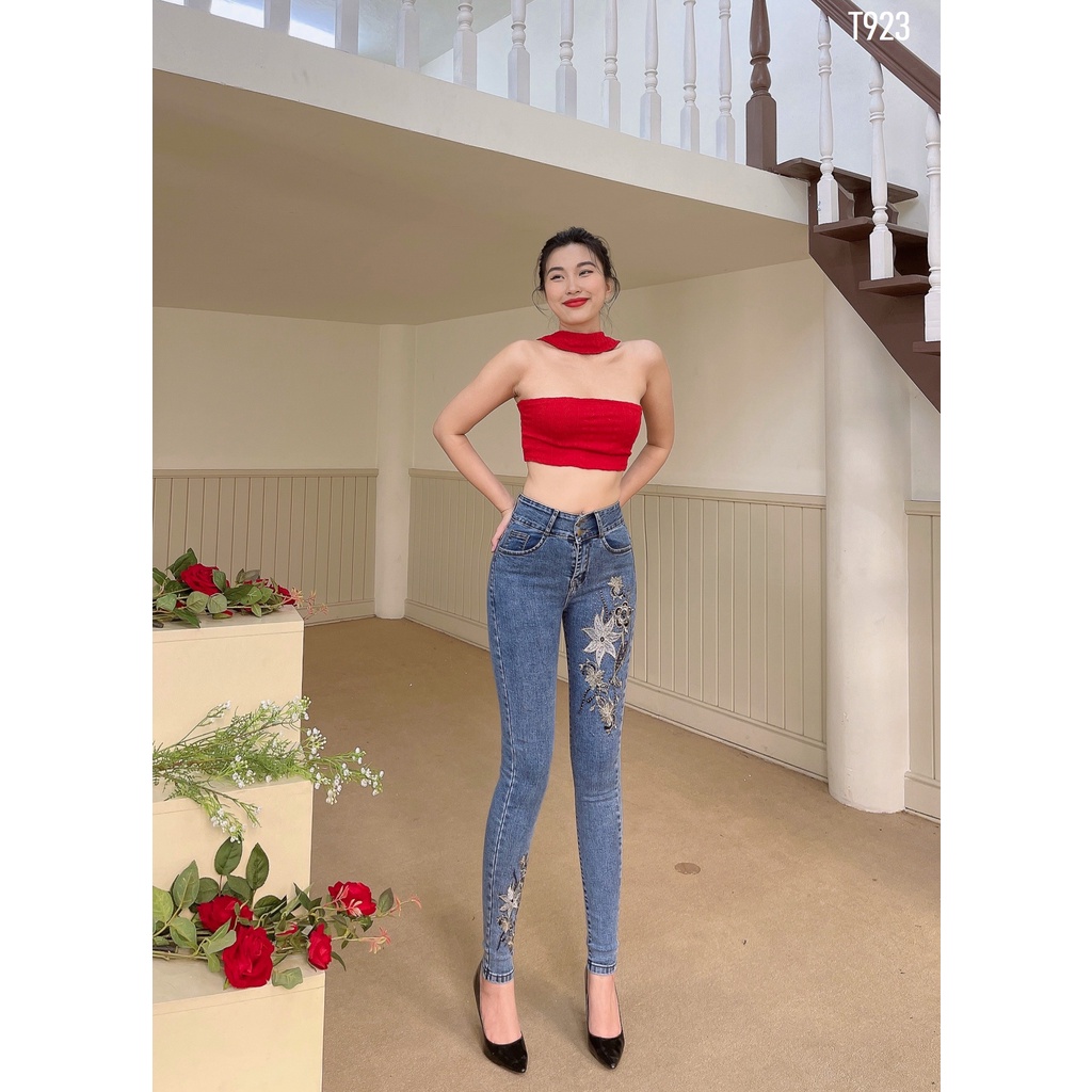 Quần jean Zada T923 thêu hoa xanh đá