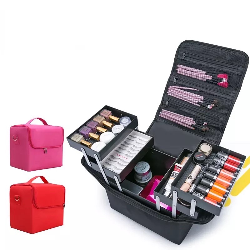 Cốp vải dù 2 tầng chống thấm nước đựng dụng cụ nail , mi , phun xăm trang điểm size vừa ( kích thước 28x21x27cm )