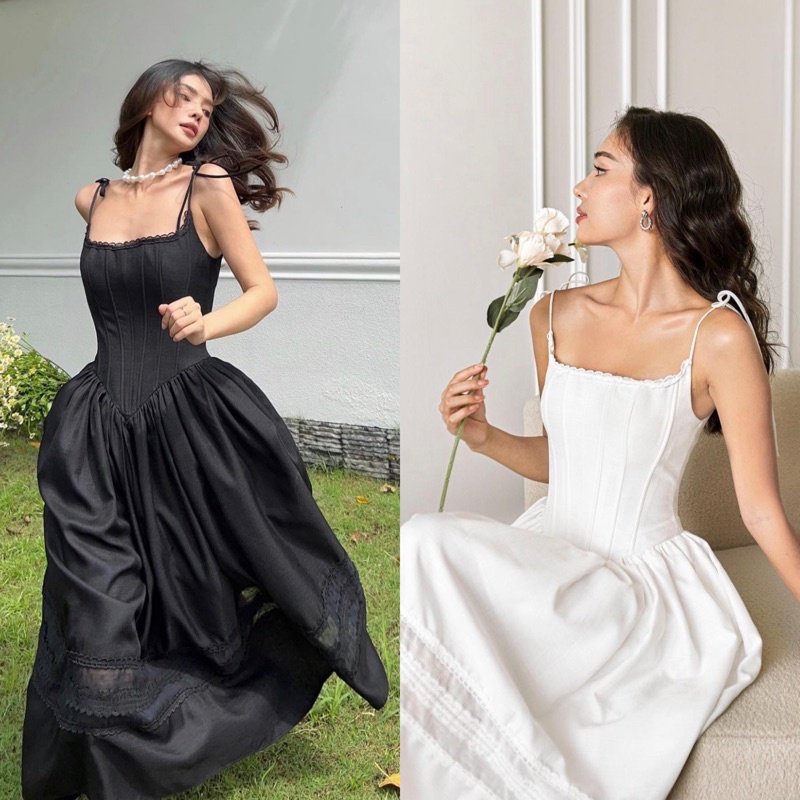 Đầm maxi 2 dây cổ vuông cúp ngực nhấn eo corset viền ren dáng xoè