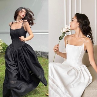 Đầm maxi 2 dây cổ vuông cúp ngực nhấn eo corset viền ren dáng xoè