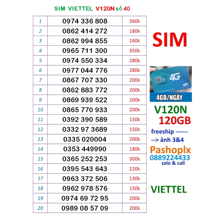 Sim viettel V120N & V90 số đẹp 40 (120k = 60gb 4g, gọi viettel free, 50' ngoại mạng)