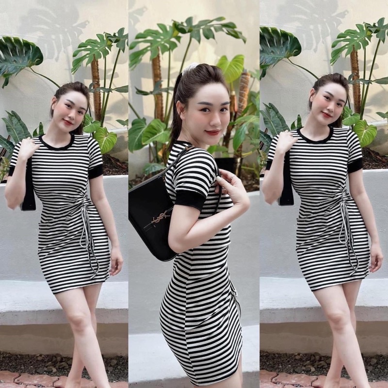 Đầm Tay Ngắn Cổ Tròn Rút Dây 1 Bên Eo - Kẻ Sọc Ngang - Dáng Ngắn Ôm Body Sexy - Tiểu Thư Bánh Bèo Cute Sang Chảnh