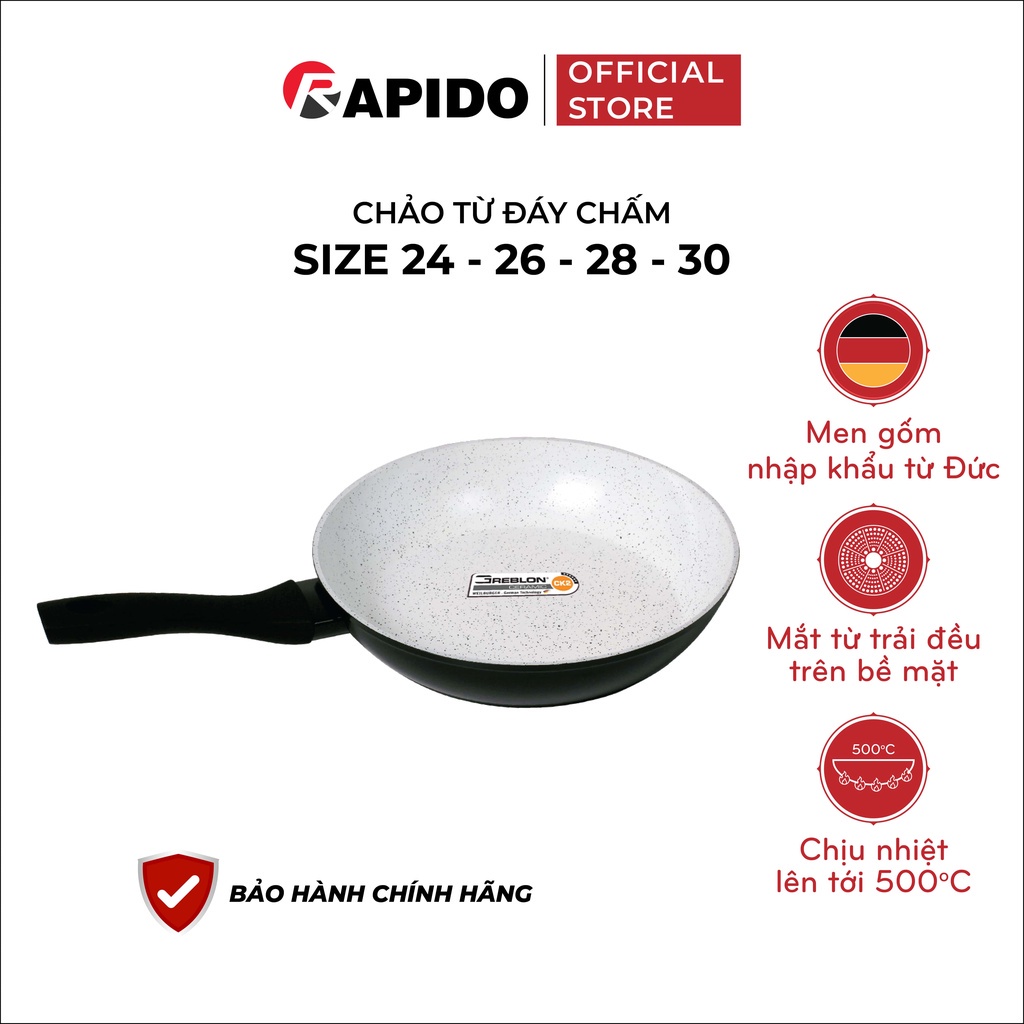 Chảo từ chống dính Rapido 24cm, 26cm, 28cm,30cm nhôm đúc nguyên khối, vân đá hoa cương